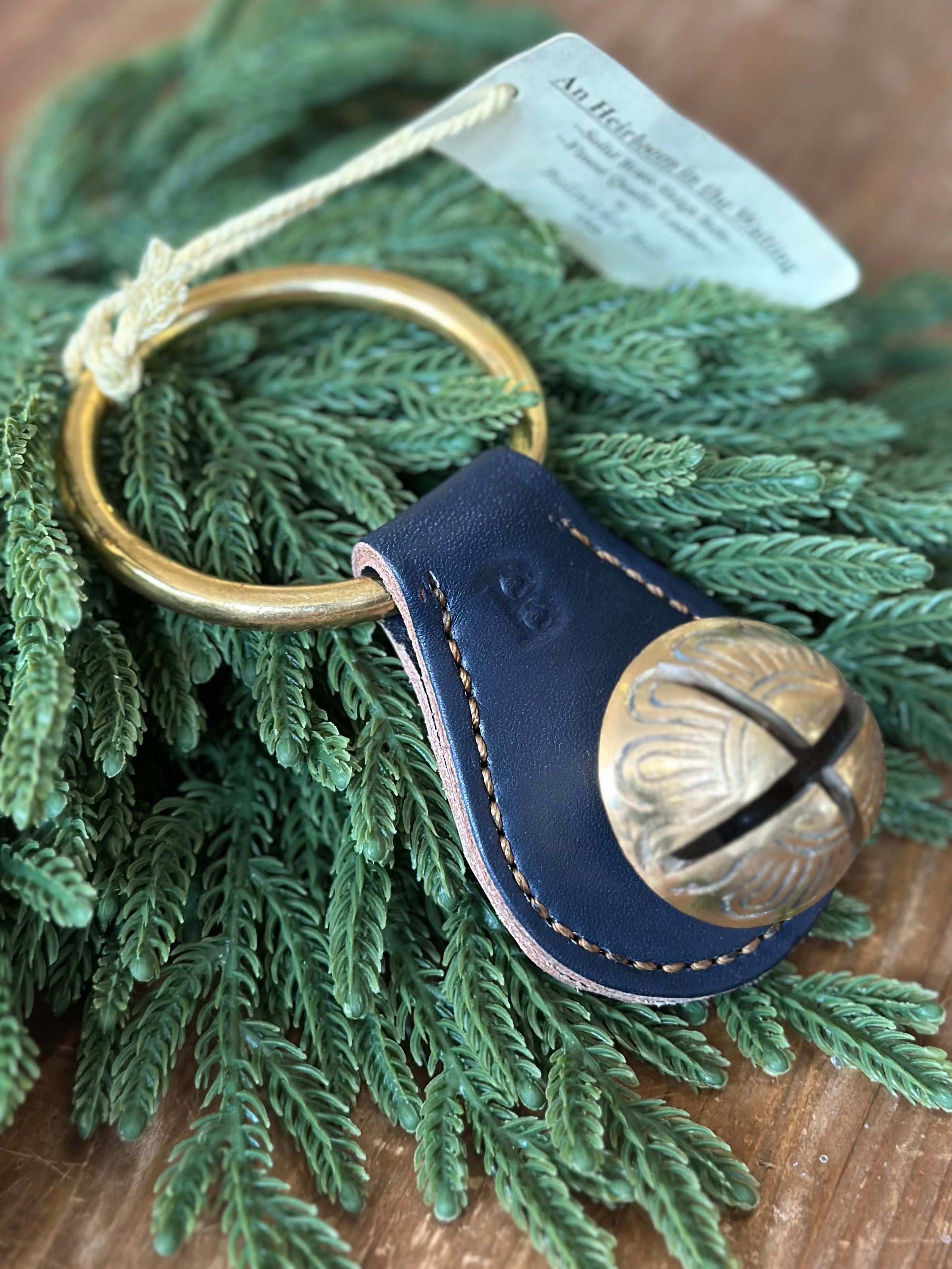 Medium Brass Bell on Navy Leather Plate with Ring
