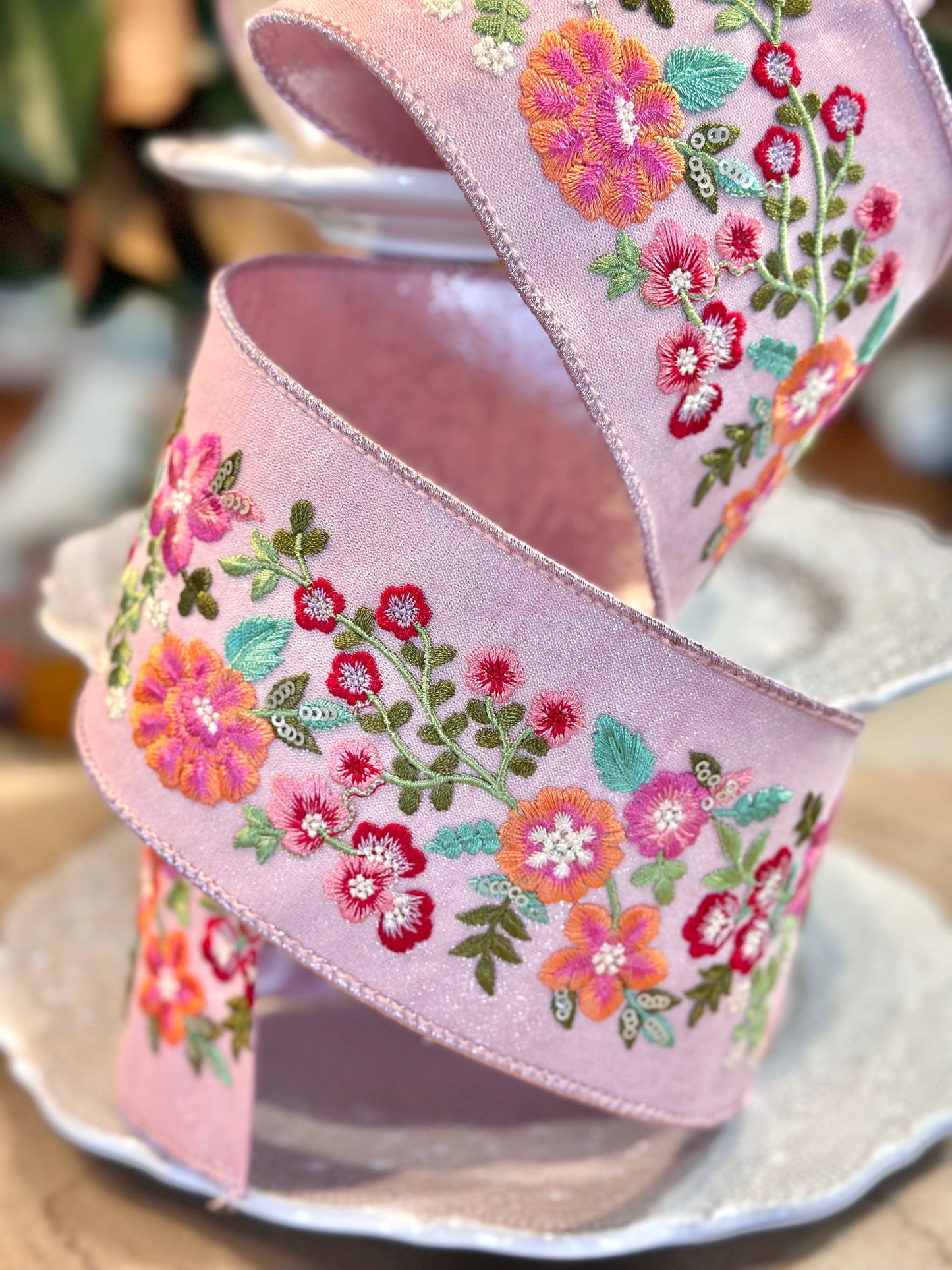 4" Wide, metallic dupion pink orange embroidery flowers, pink