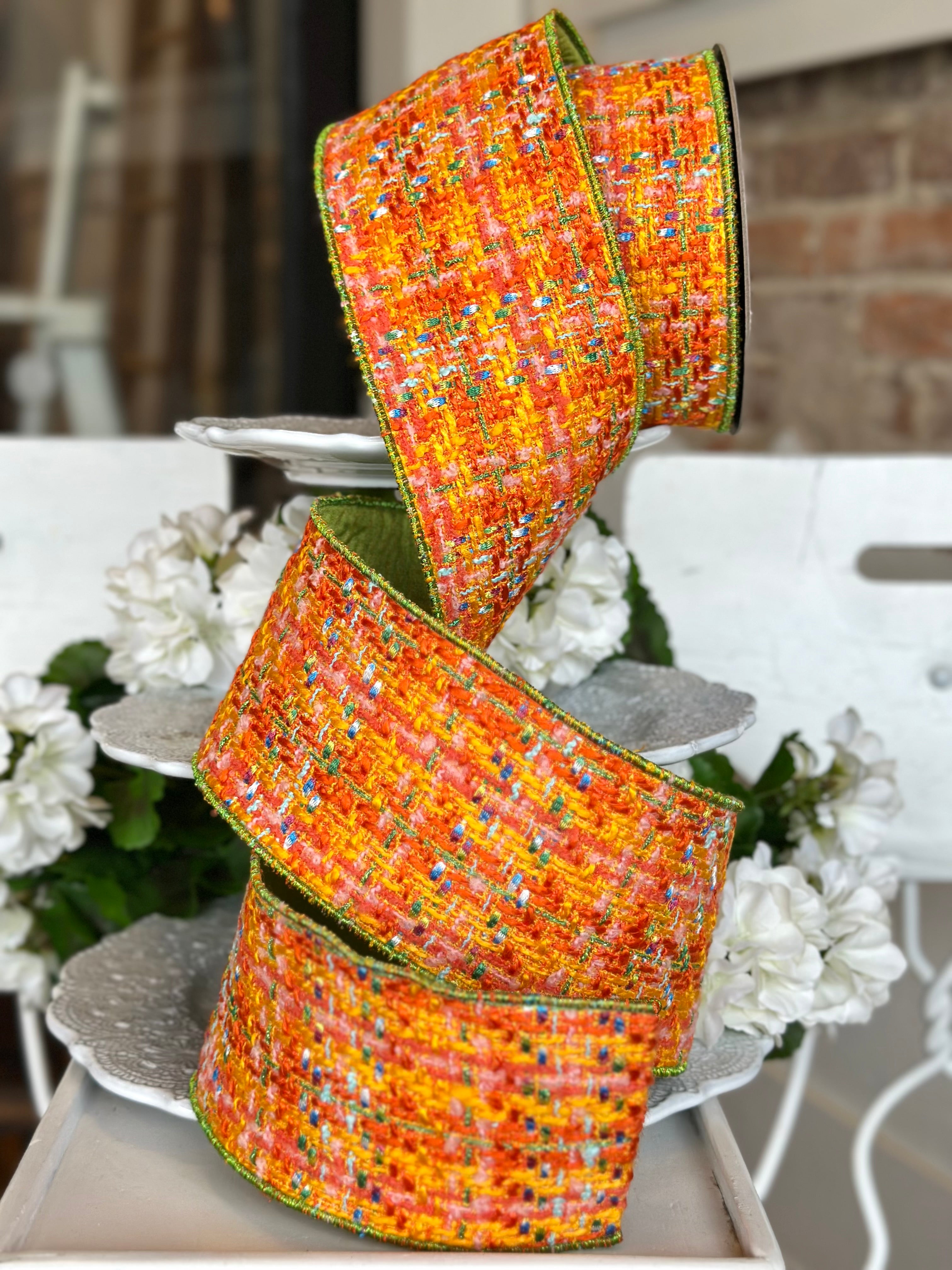 4" wide, boucle/dupion orange/green/blue