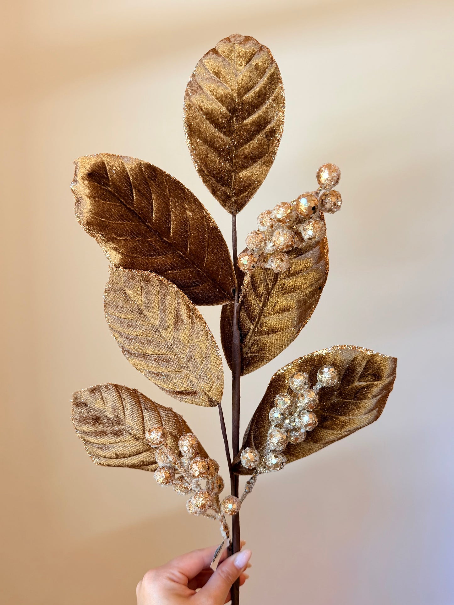 27" VELVET SEQUIN MAGNOLIA LEAF W/BERRY SPRAY