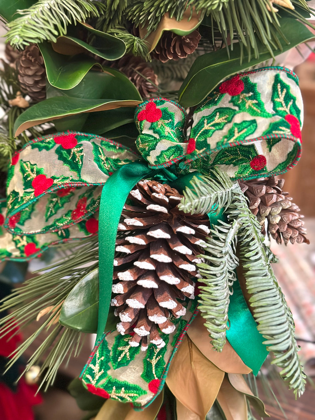 2.5” Wide, Embroidered Holly Leaves Ribbon