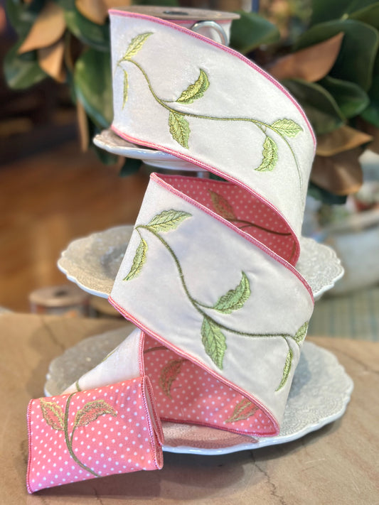 4" Wide, velvet foliage pink polka dot backing, white 5 yard roll
