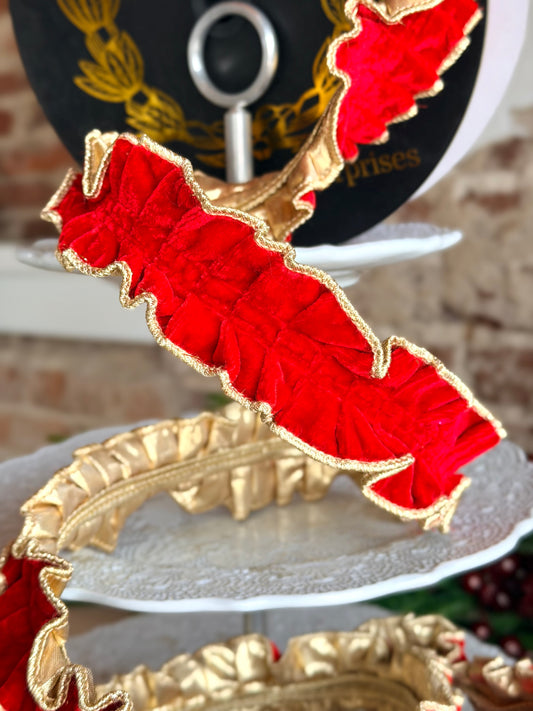 1.5” Red Velvet Pleated Metallic Dupion- JME Ribbon