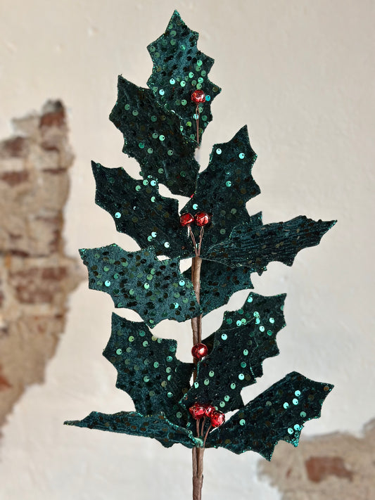 28” Metallic Sequin Holly Spray