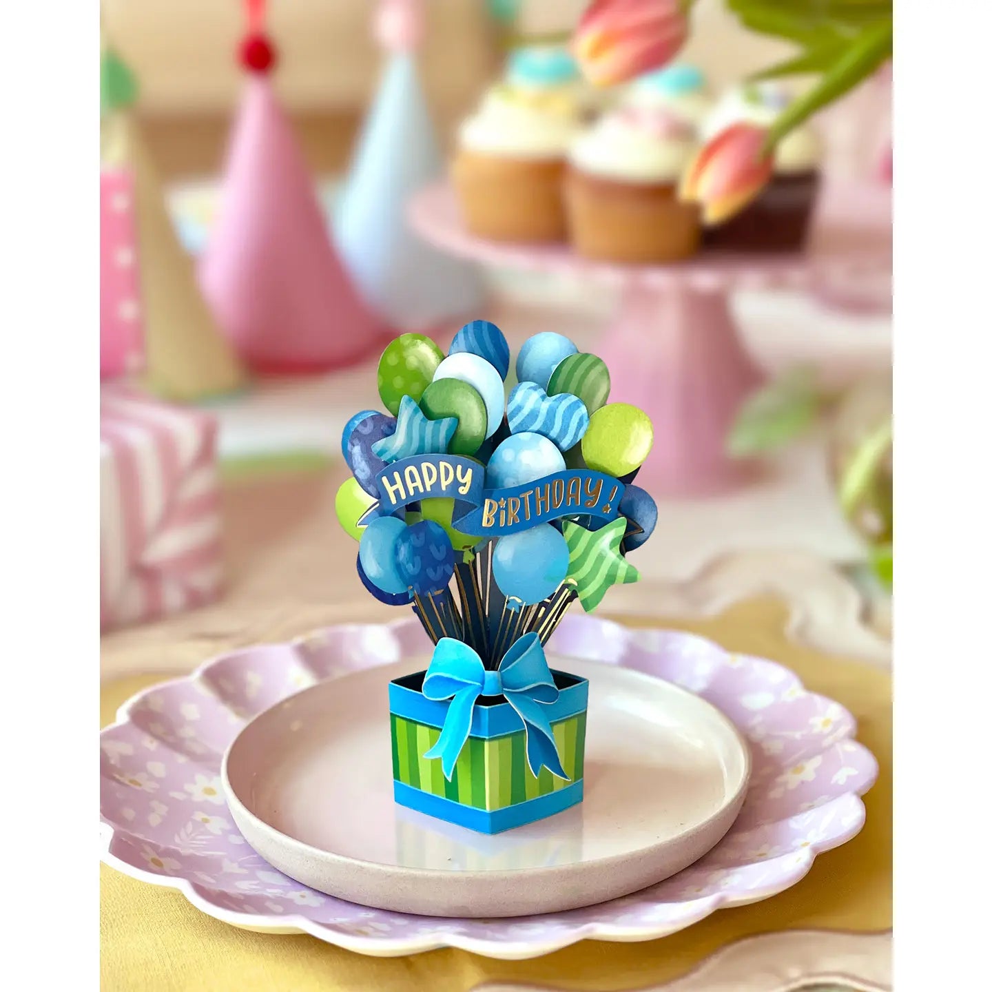 FreshCut Paper Mini Pop-up Greeting Card Blue Birthday Balloons
