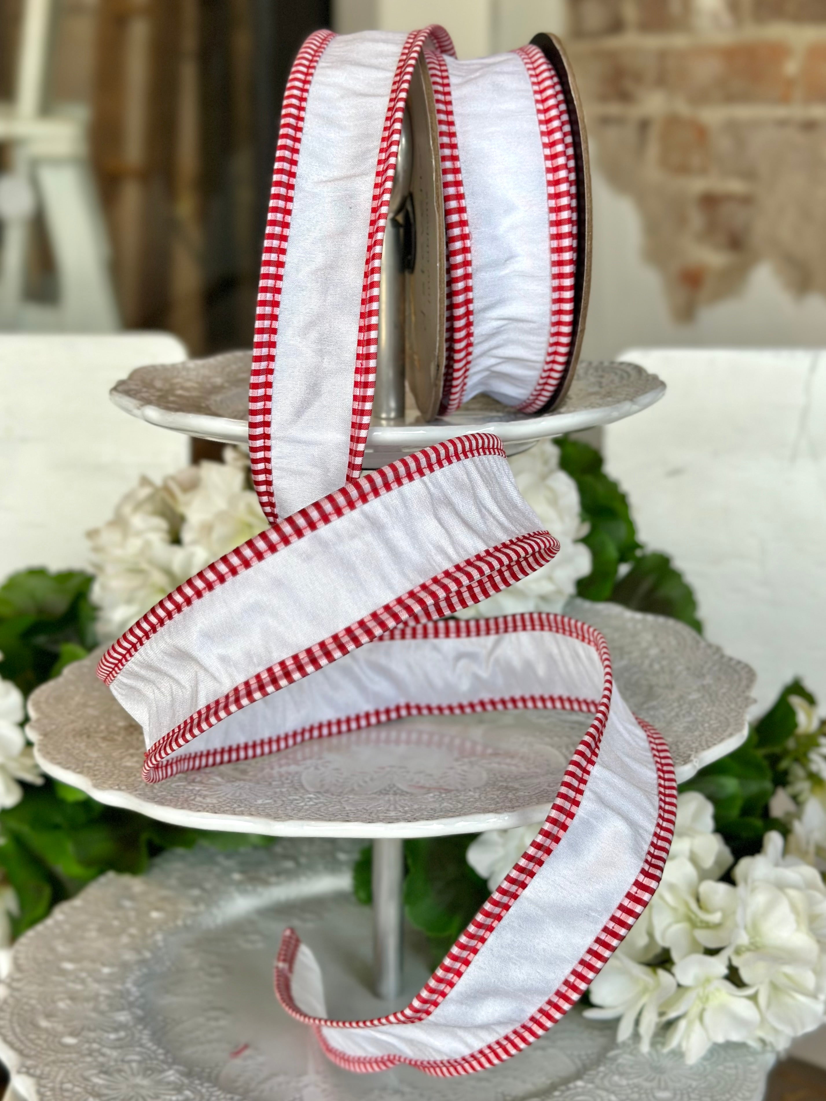 1.5" wide, faux dupion red-white check edge, pearl white