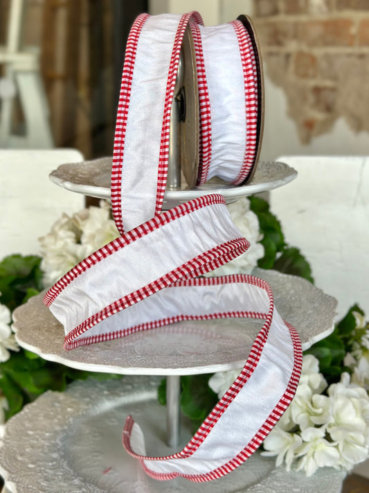 1.5" wide, faux dupion red-white check edge, pearl white