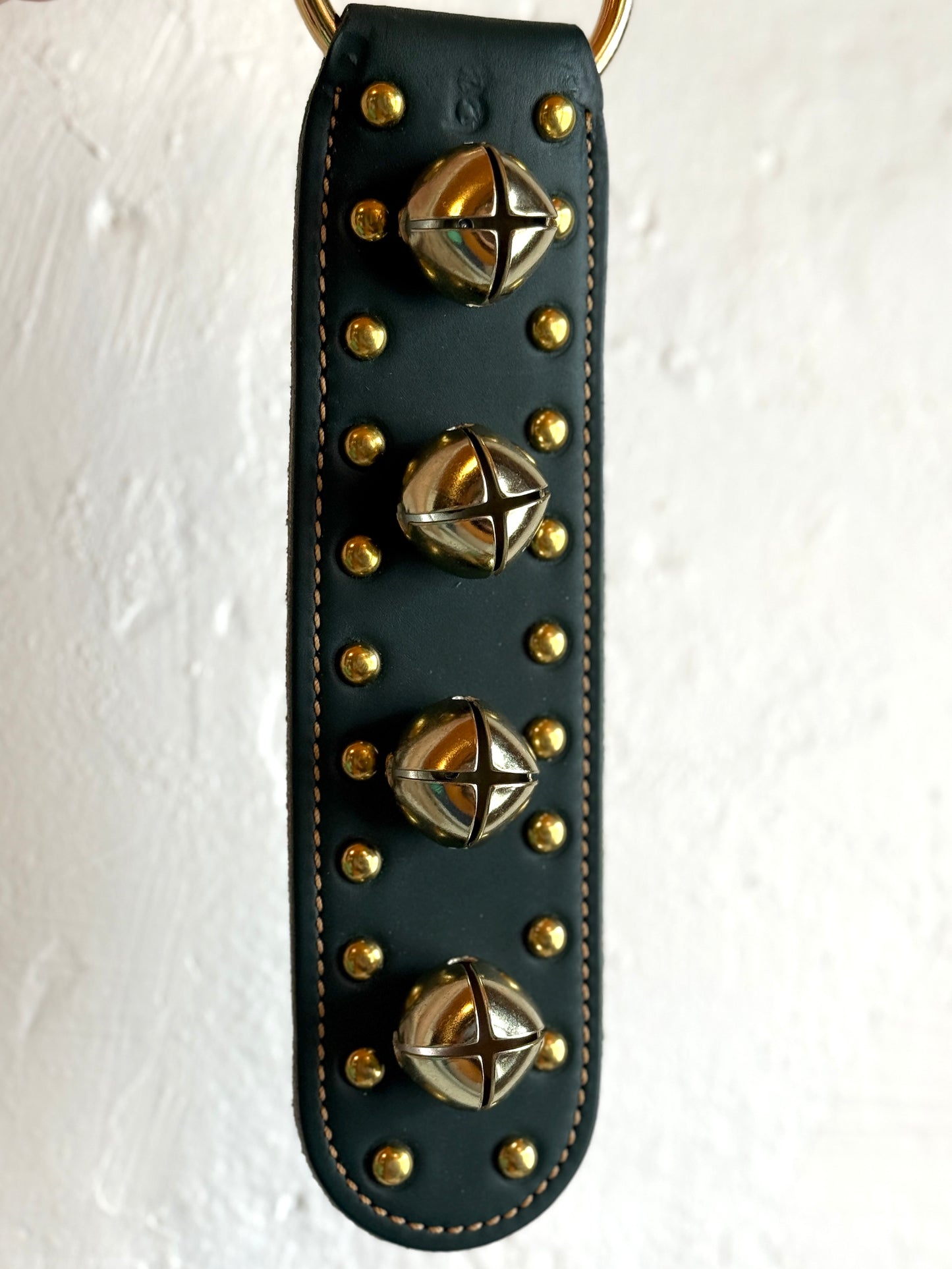 Belsnickel - 12” Studded Doorchime w/ Brass-Plated Bells, Dark Green Leather
