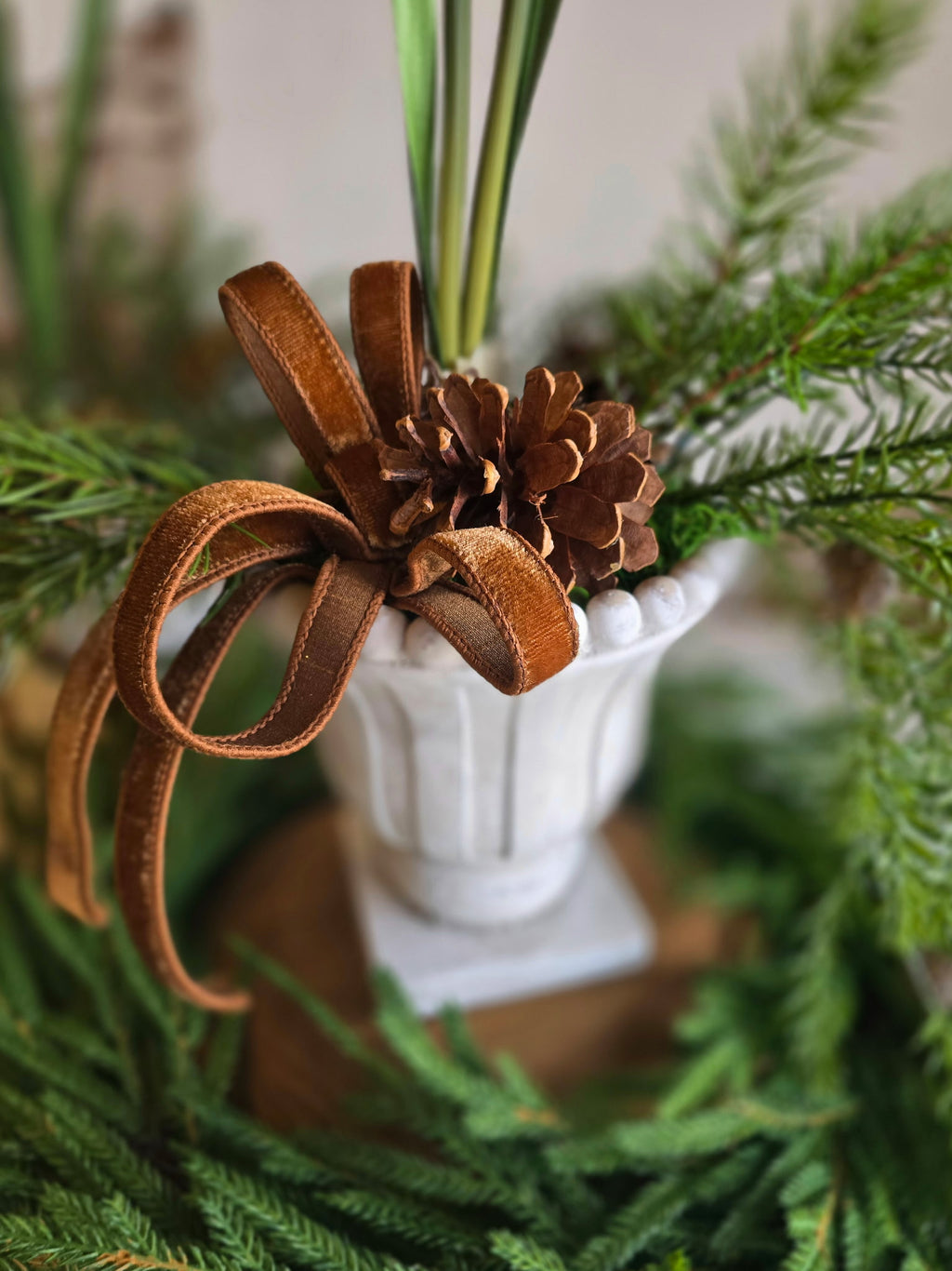 Classic Paperwhite and Pinecone in White Urn