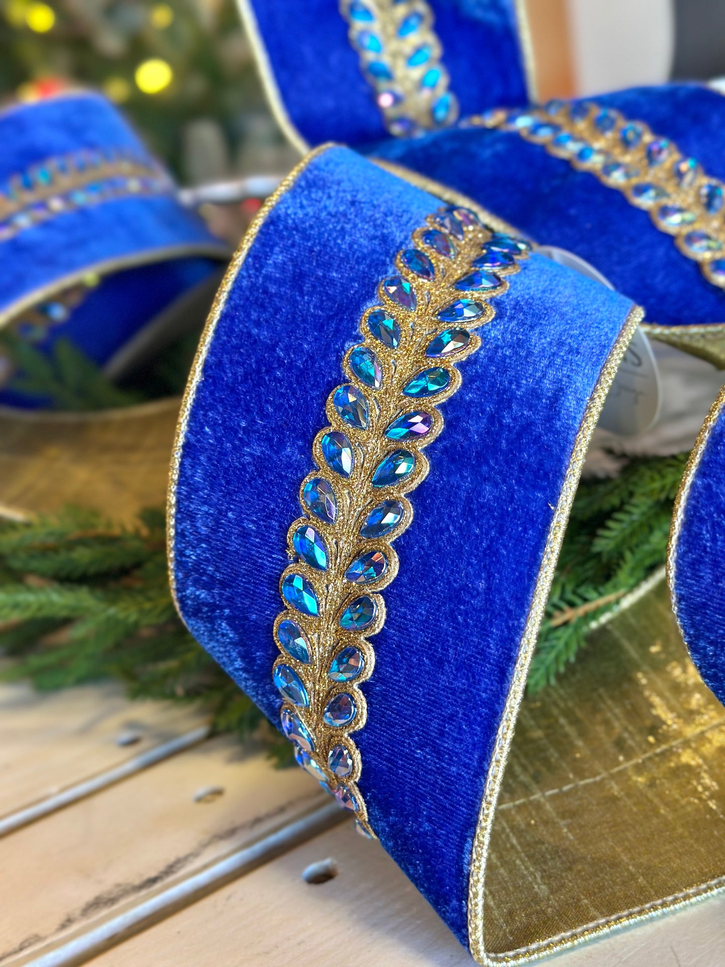 4” Velvet Ribbon - Jewel Aurora Borealis Honey Locust Leaves, Royal Blue