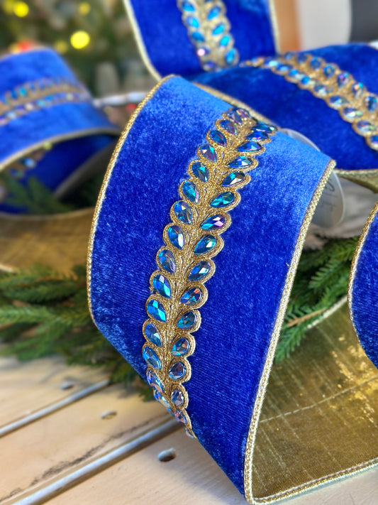 4” Velvet Ribbon - Jewel Aurora Borealis Honey Locust Leaves, Royal Blue