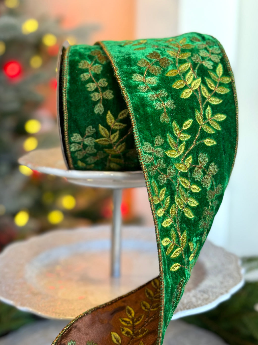 4" Faux Dupion Embroidery Butterfly Vine, Green