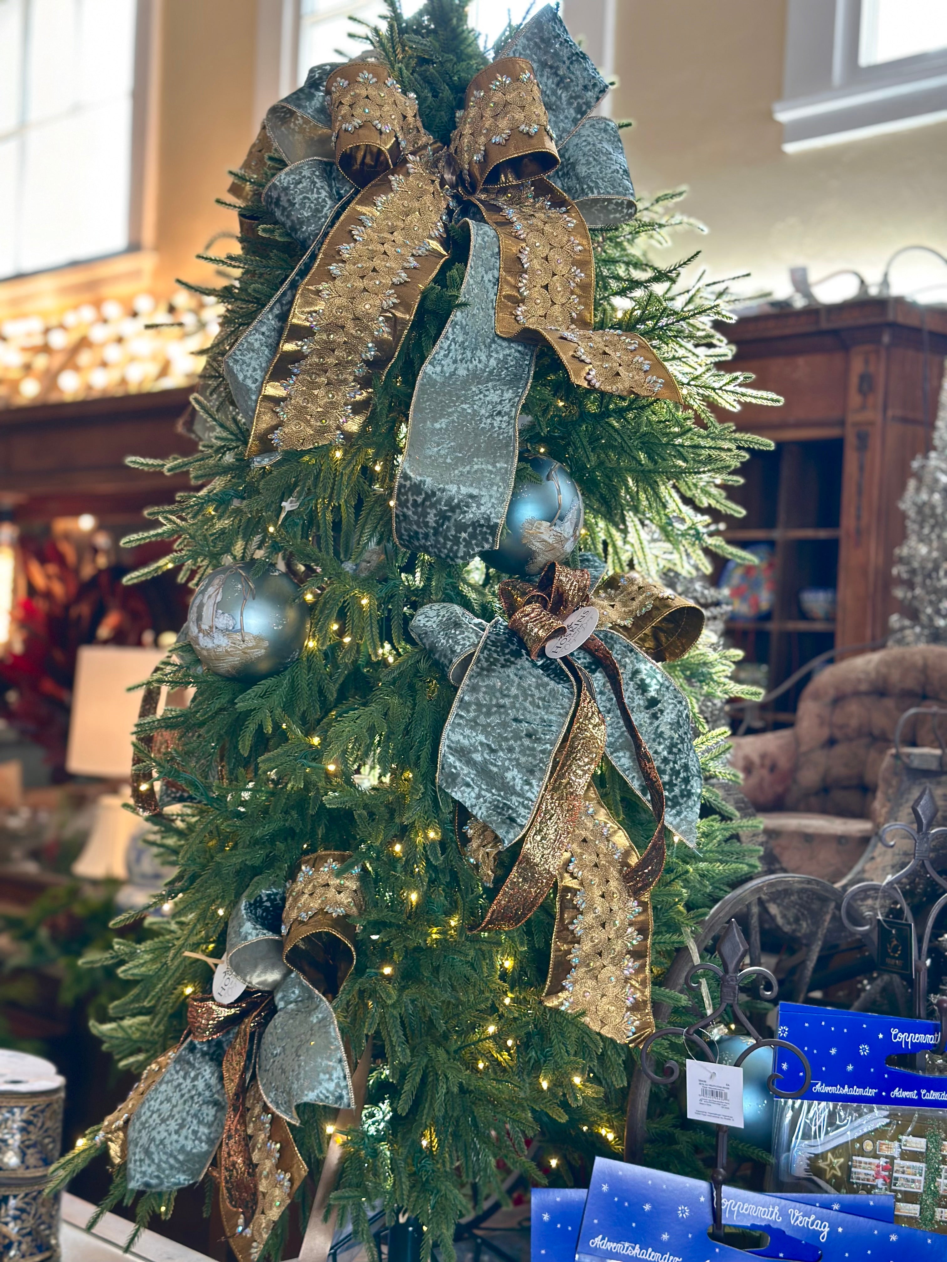 Gold Sequin & Celadon Blue Large Tree Bow
