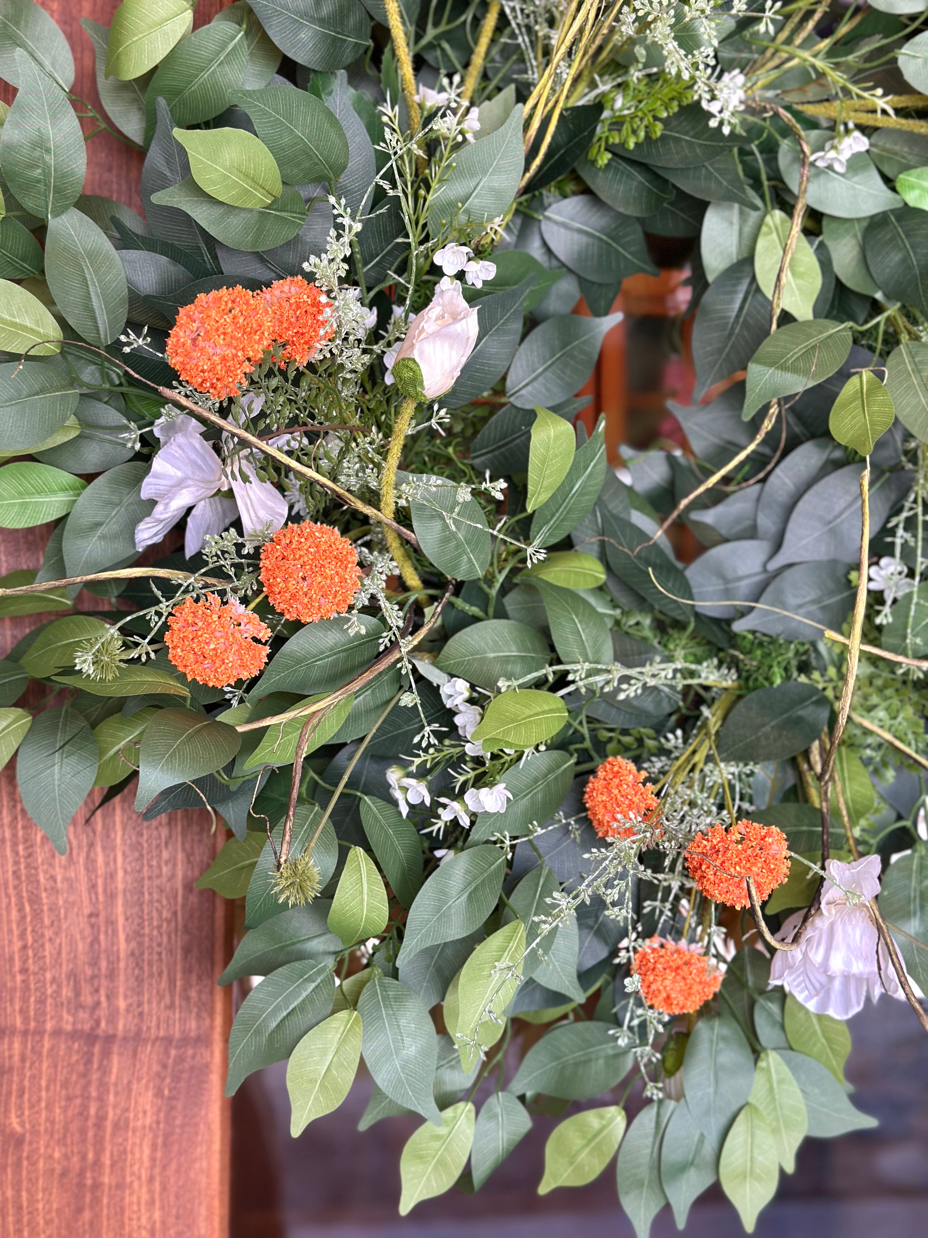 Orange Puffs and Poppies Wreath