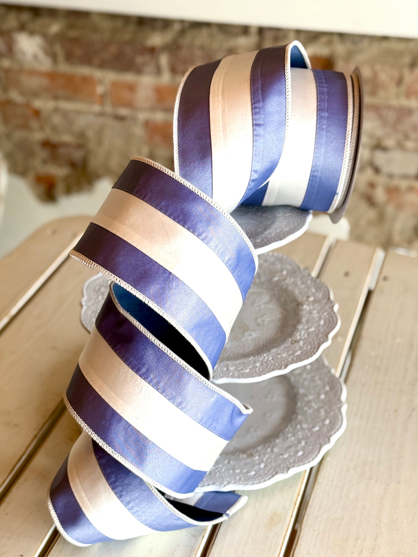 4” JME Double Fused Satin Stripe - Pale Blue/White