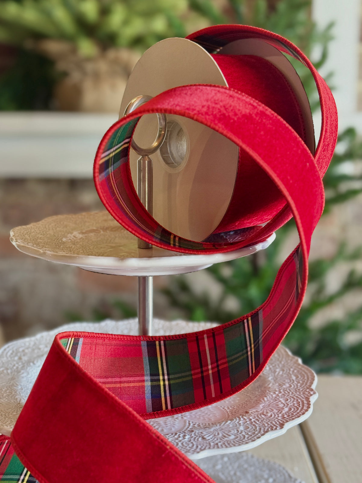 2.5" VELVET W/PLAID BACKING RIBBON -SOLD BY THE YARD