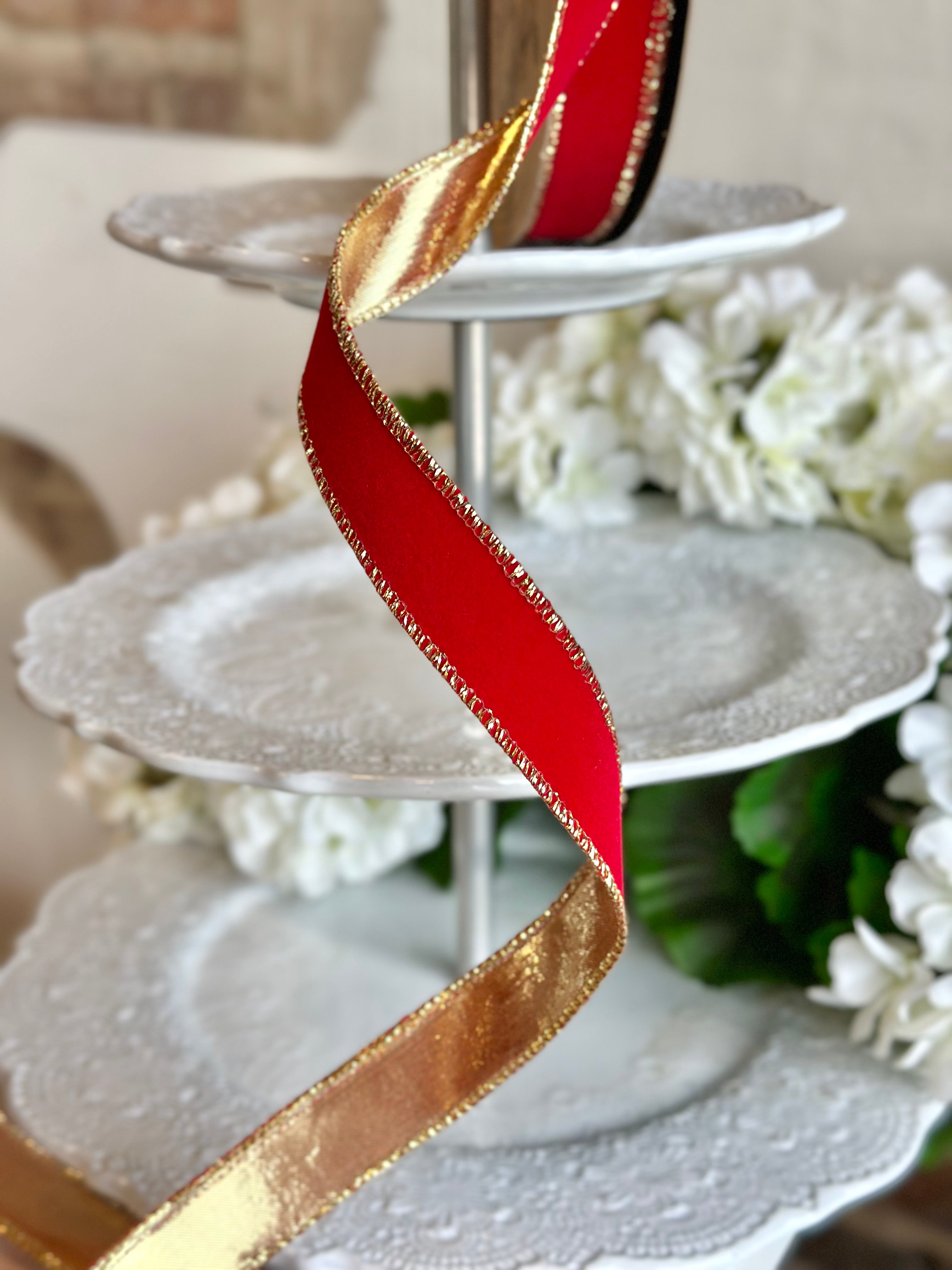 1" wide, locked velvet metallic gold back, cranberry