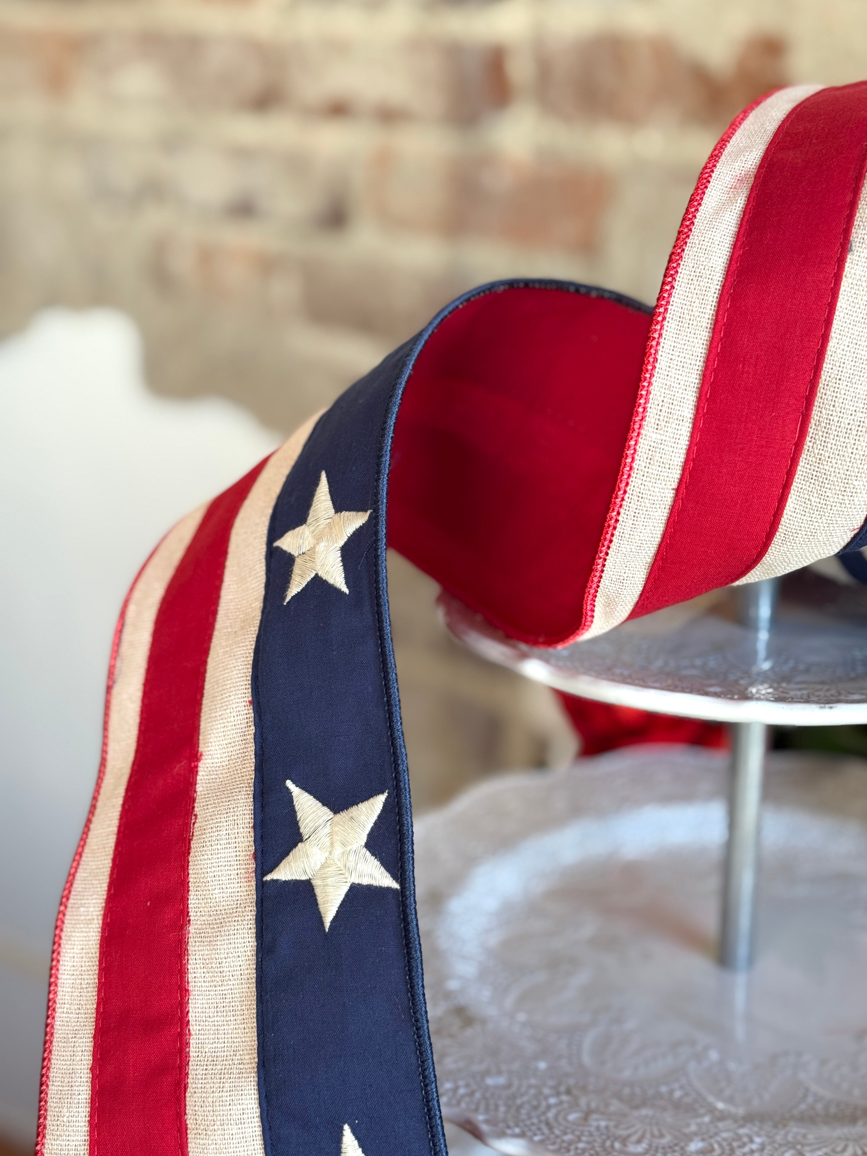 4" canvas embroidery stars red natural strip, red navy blue - 250