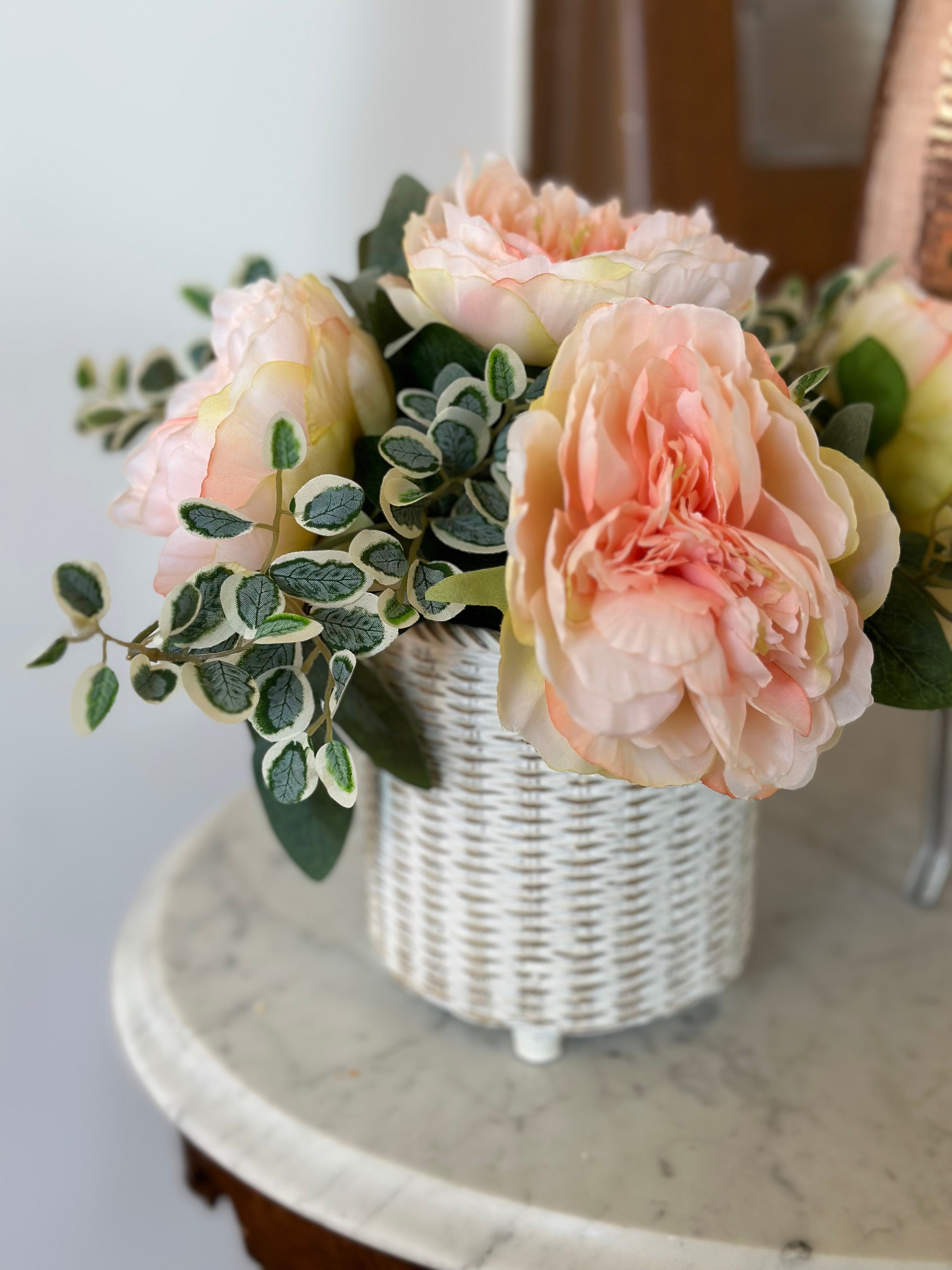 Potted Peonies in Resin Wicker Style Pot