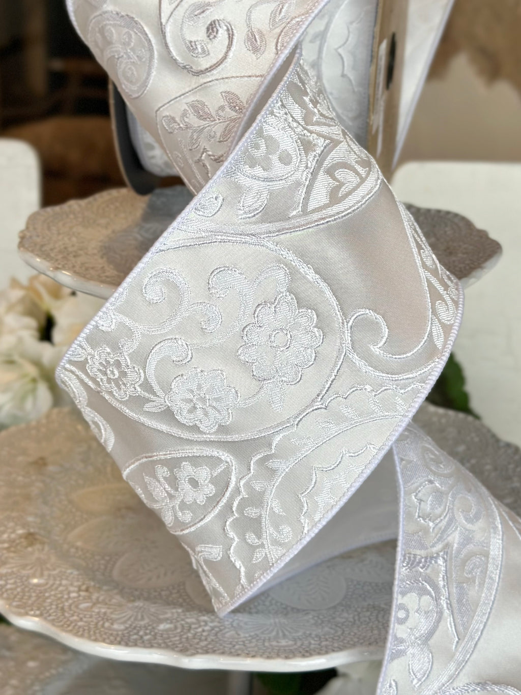 4" wide, satin brocade floral, white