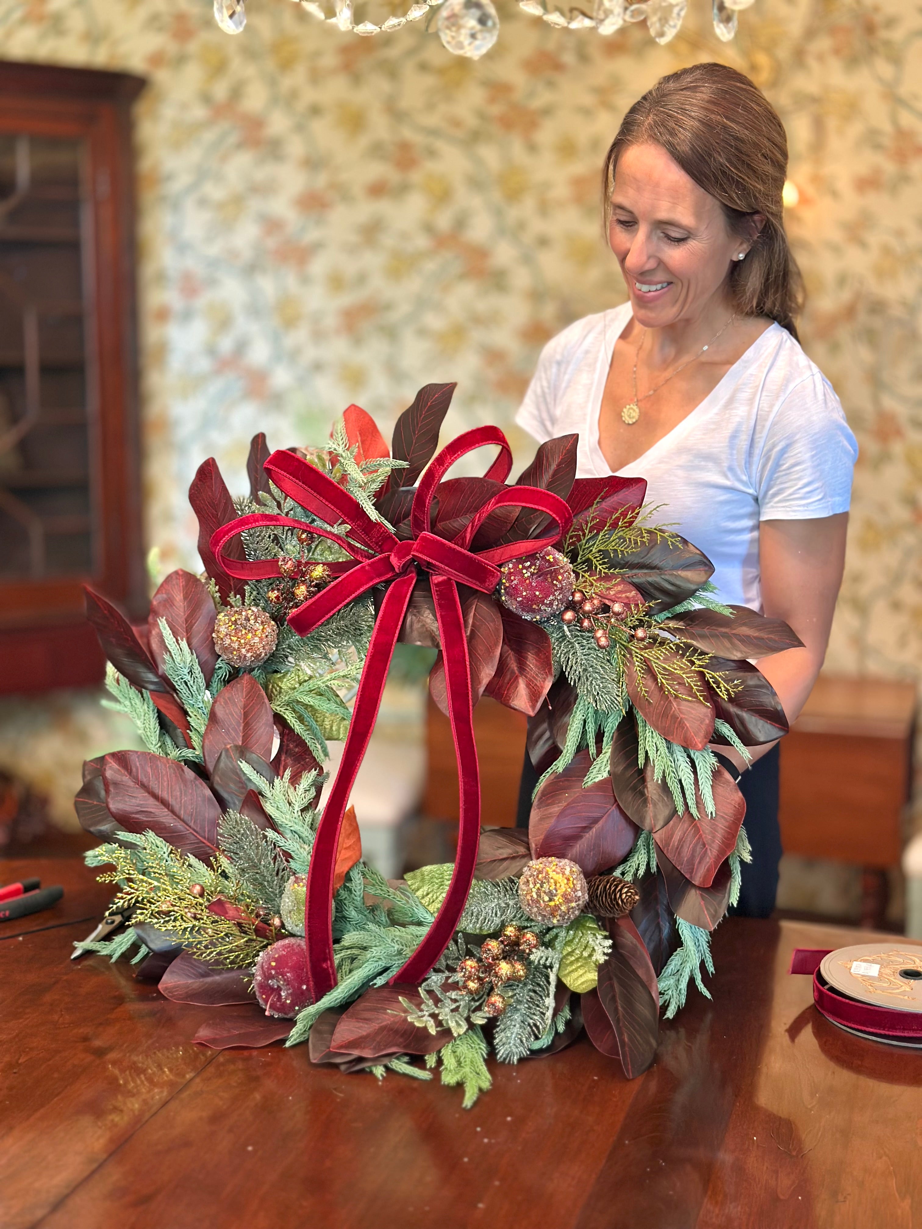 Burgundy Magnolia Norfolk Pine Wreath