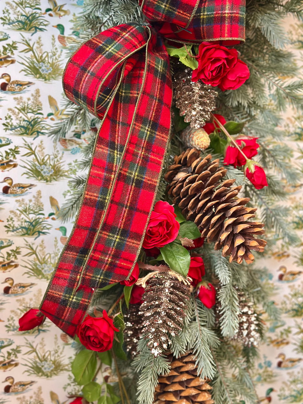 Roses Flannel and Pinecones Swag