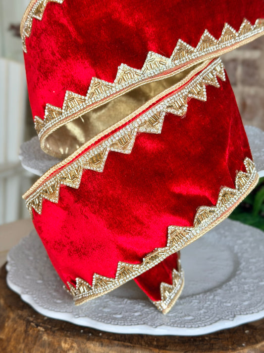 4" BEADED JEWEL TRIM ROYAL VELVET, Red - SOLD BY THE YARD