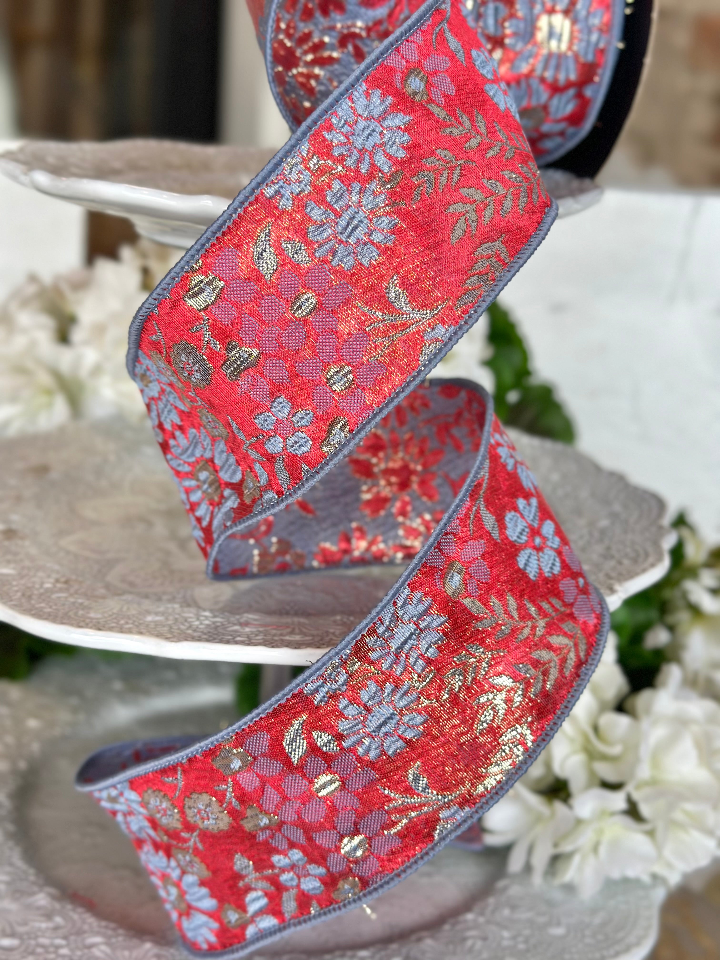 2.5" wide, metallic floral jacquard, red dusty blue gold
