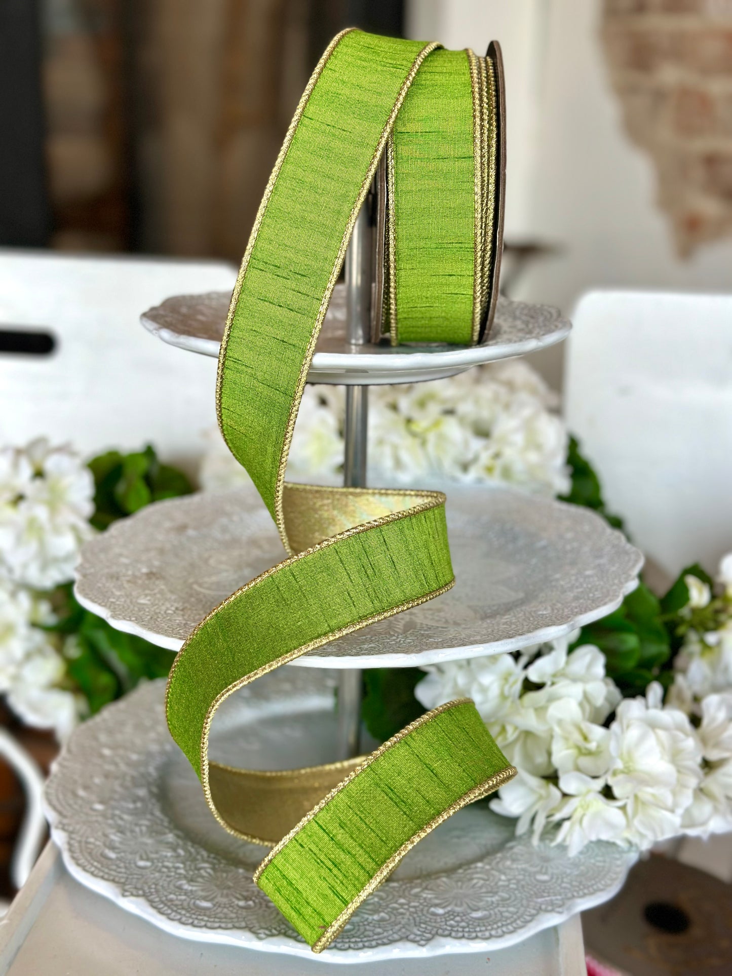 1.5" wide, slub dupion metallic gold back, grass green