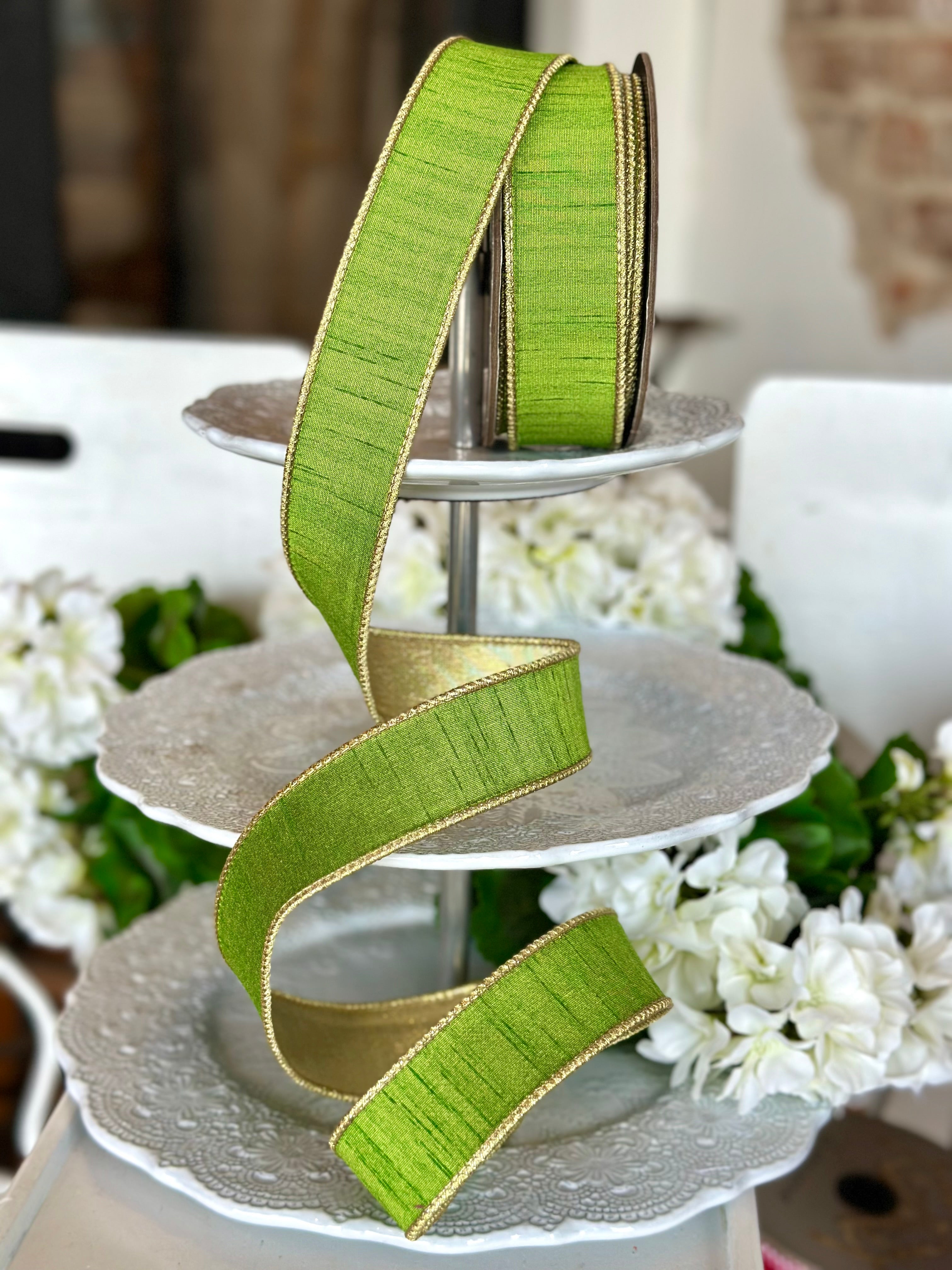 1.5" wide, slub dupion metallic gold back, grass green