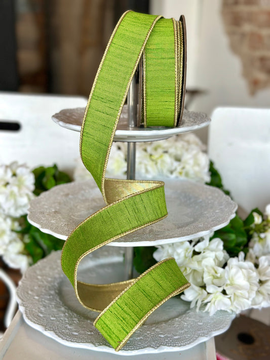 1.5" wide, slub dupion metallic gold back, grass green