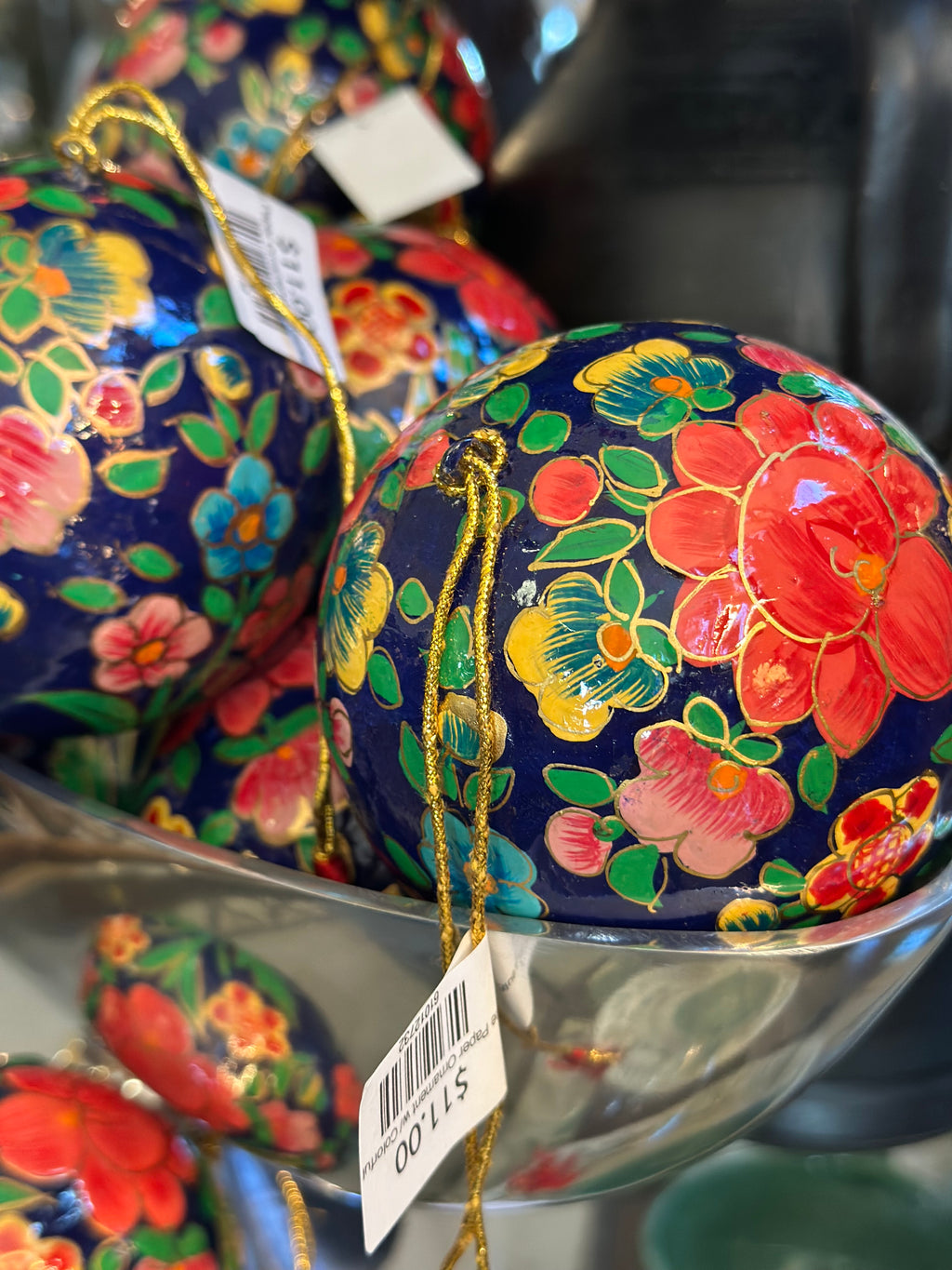 4" Blue Paper Ornament w/ Colorful Flowers