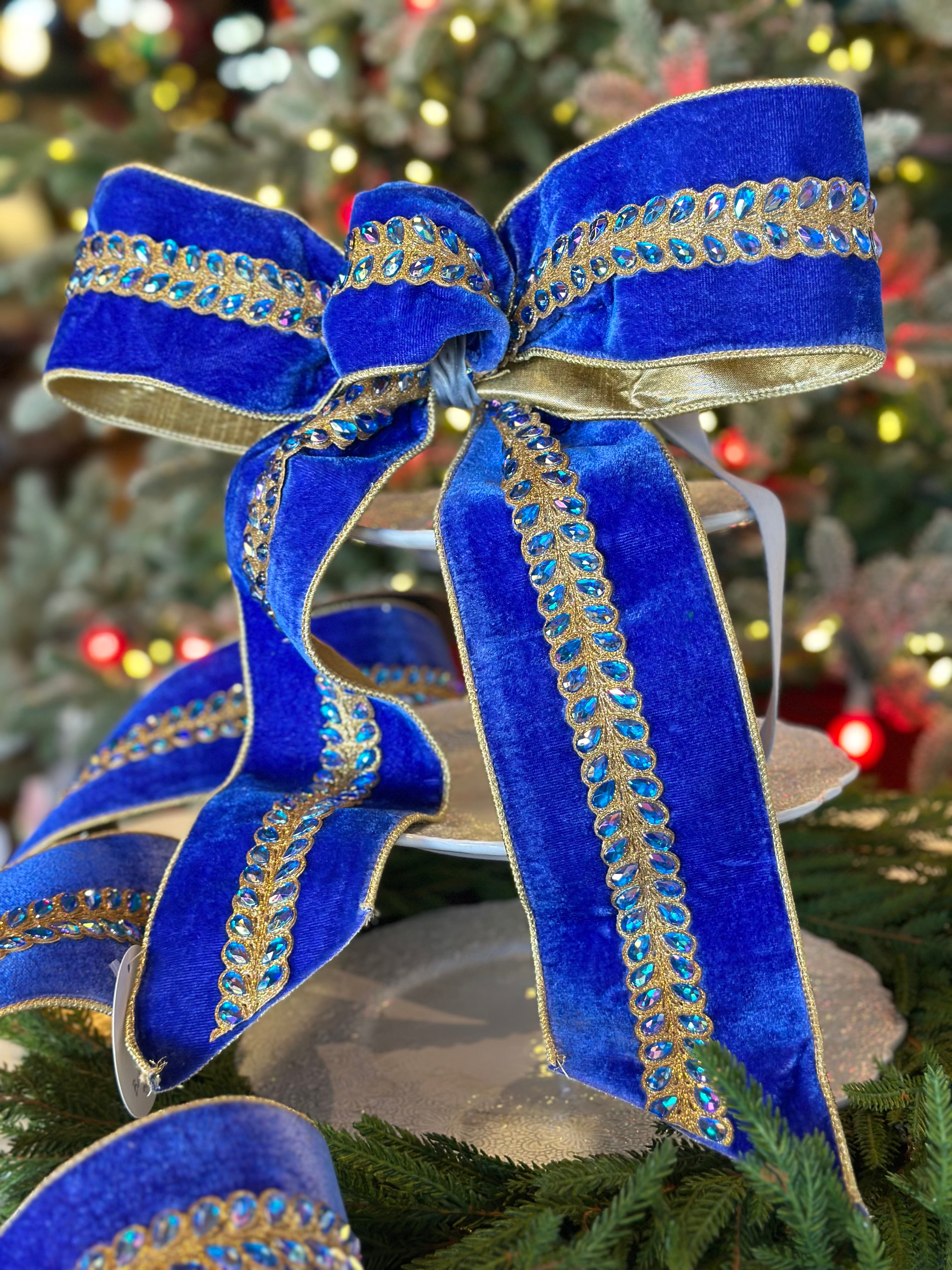 Blue Crushed Velvet Bow with Gold and Beaded Accents