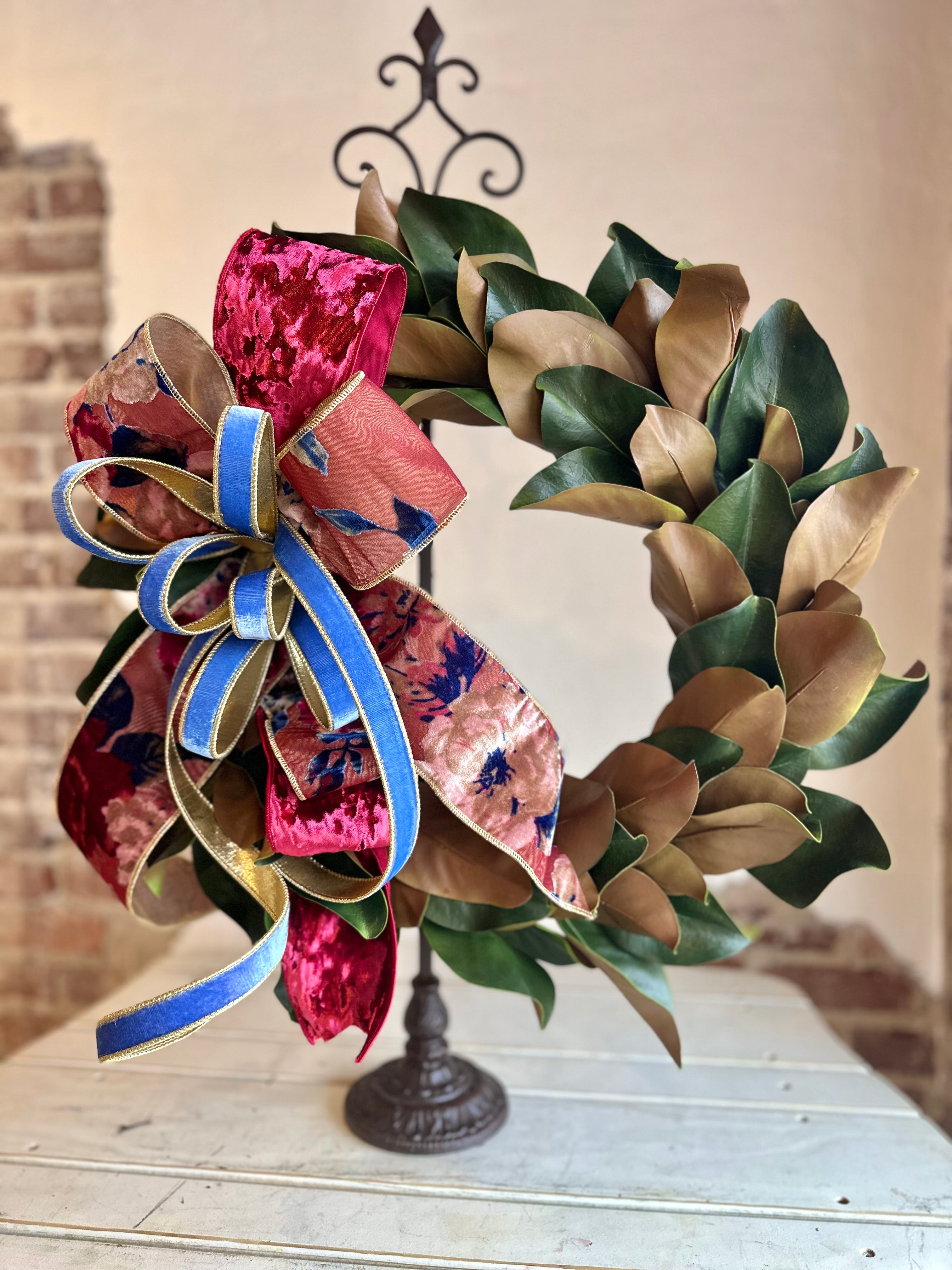 Dark Pink with a touch of Blue Velvet Floral Ribbon and Magnolia Wreath