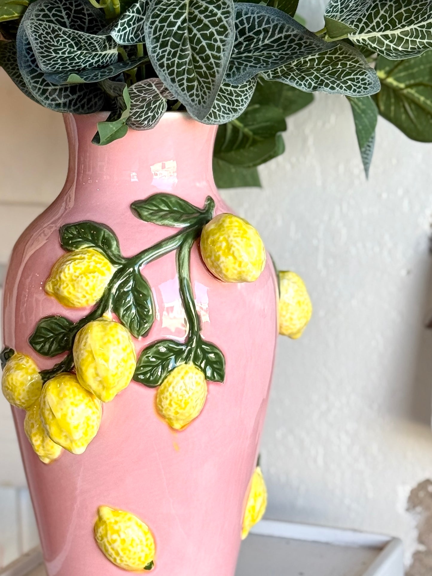 13" Pink Tall Vase with Lemons