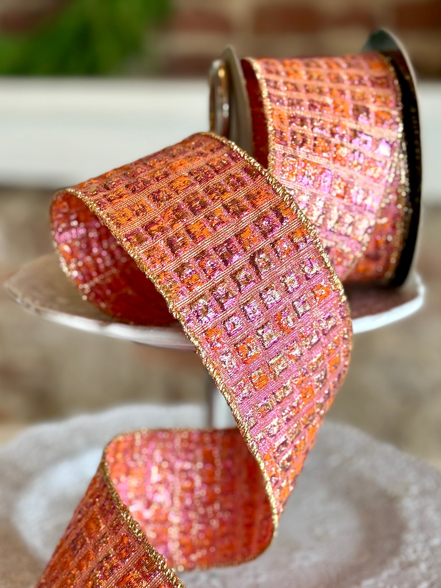 2.5" metallic jacquard squares, hot pink orange