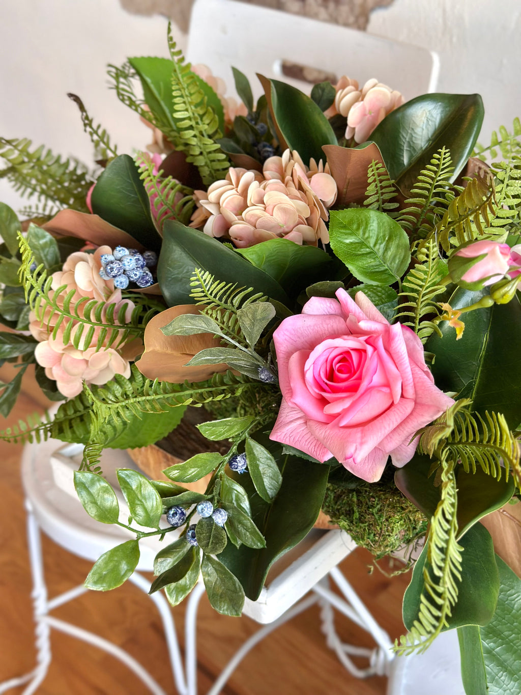 Blush Hydrangea Rose & Berries Centerpiece
