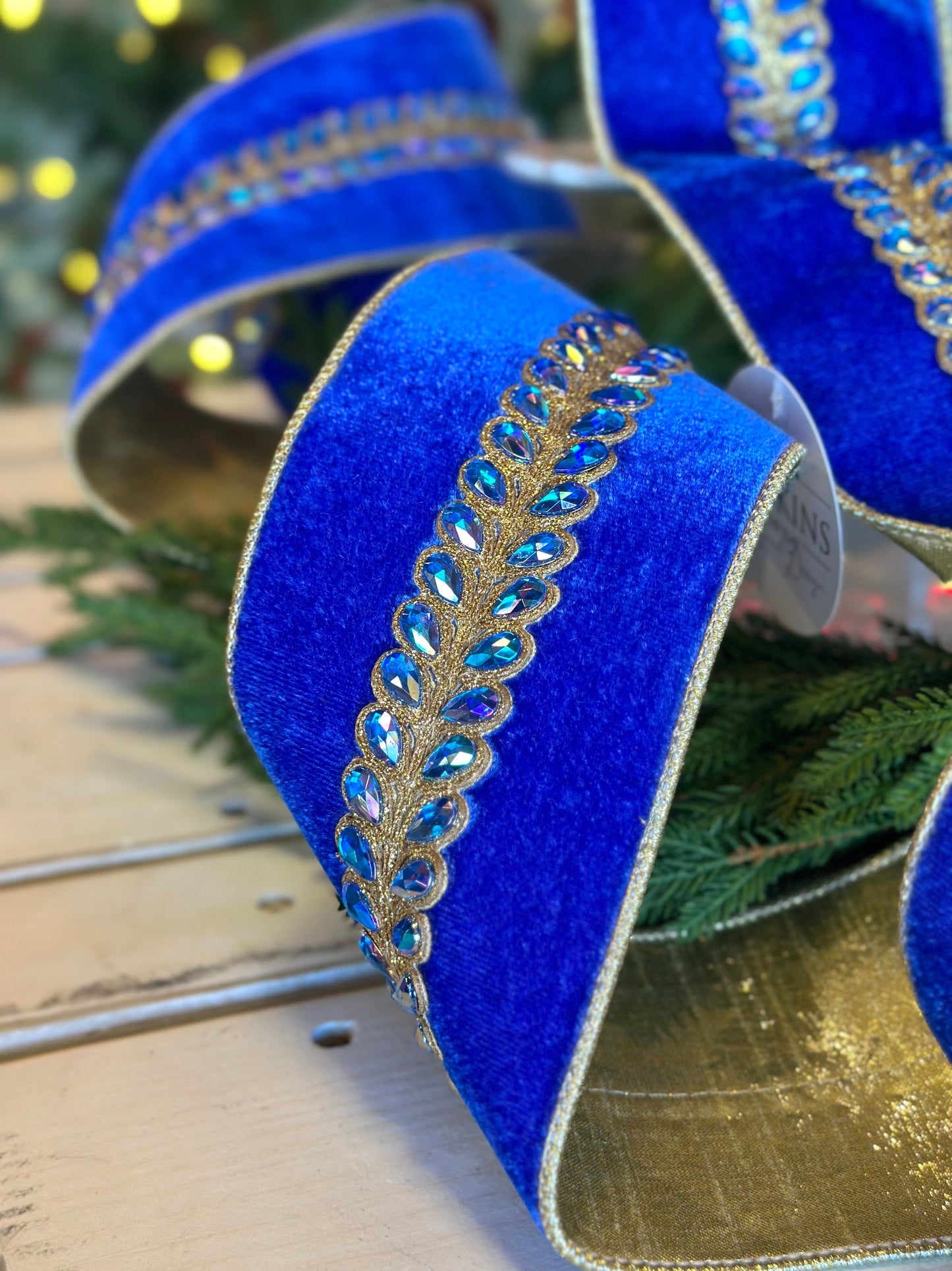 4” Velvet Ribbon - Jewel Aurora Borealis Honey Locust Leaves, Royal Blue
