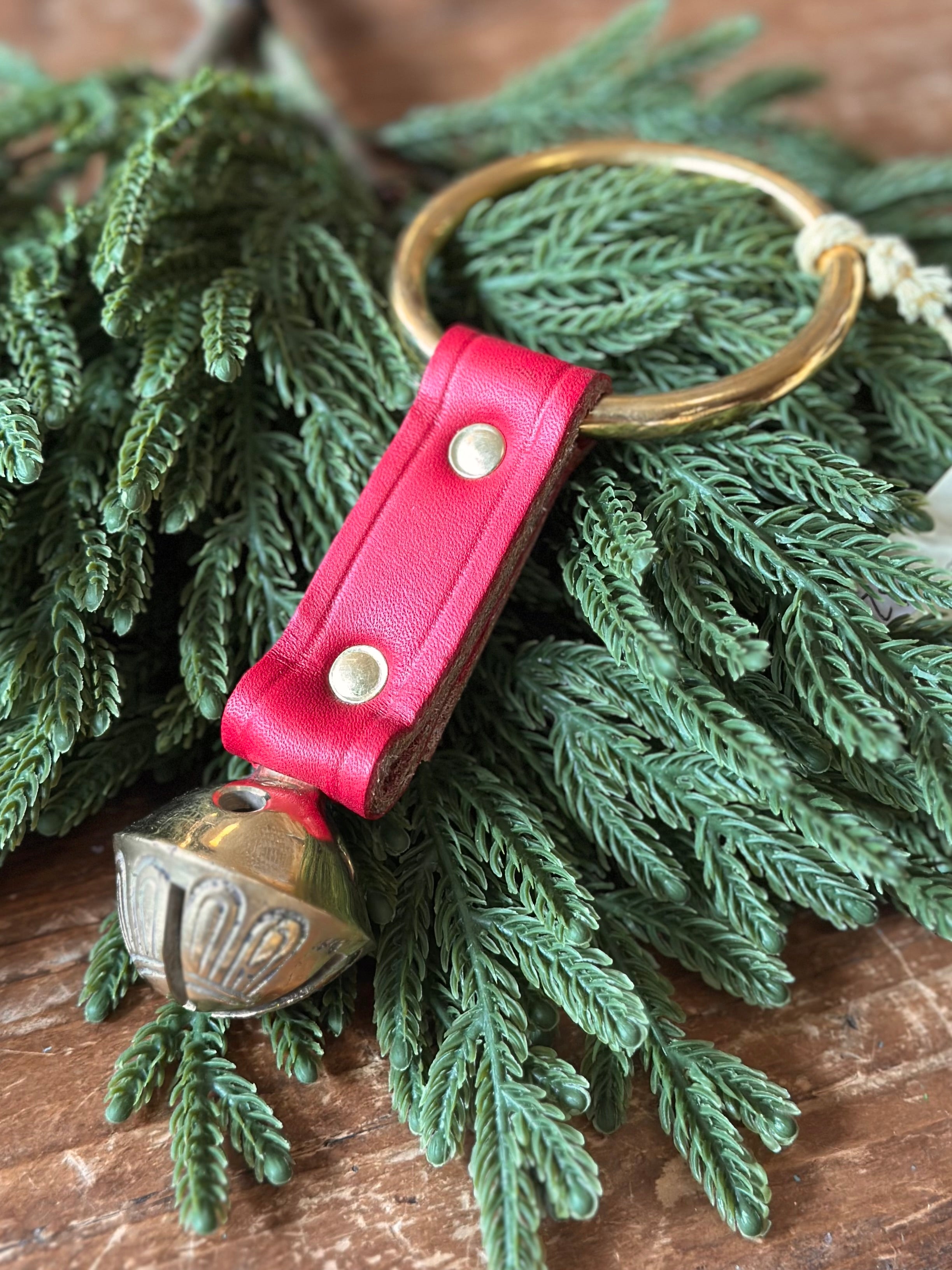 Brass Bell on Leather Strap with Ring- Red Leather