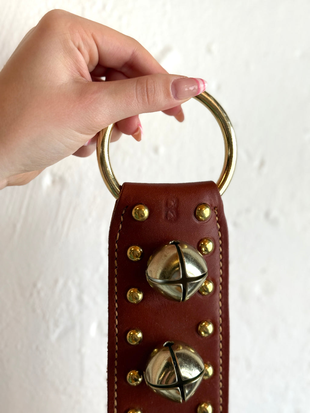 Belsnickel - 12” Studded Doorchime w/ Brass-Plated Bells, Chestnut Leather