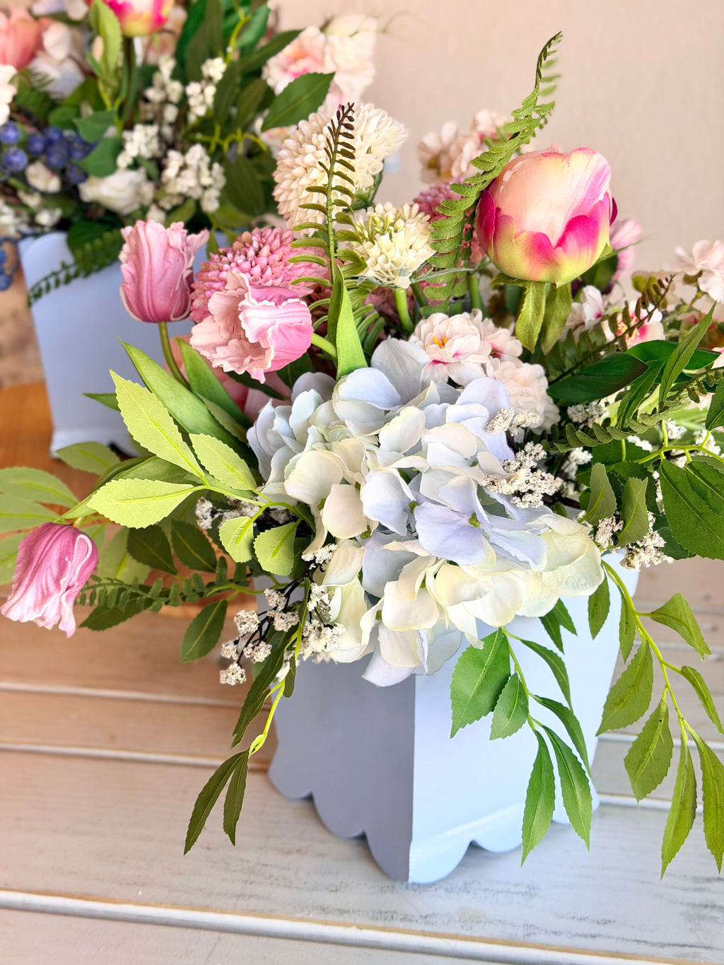 Blue Scalloped Mixed Blooms Arrangement- Medium
