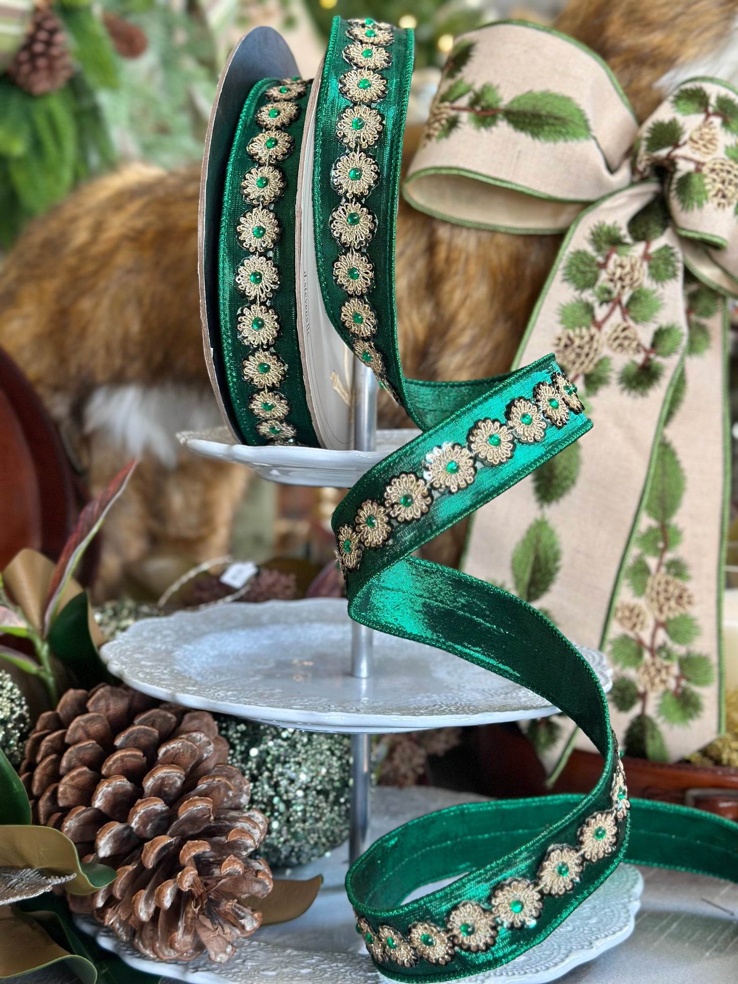 1.5" Metallic Dupion Gold Green Sequin Ribbon, Emerald Green