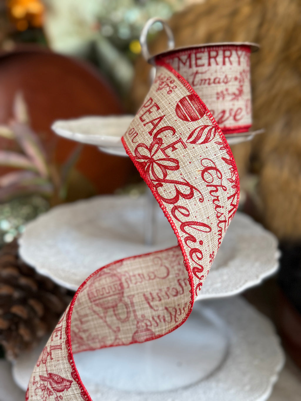 2.5" Linen Red Christmas Expressions, Natural