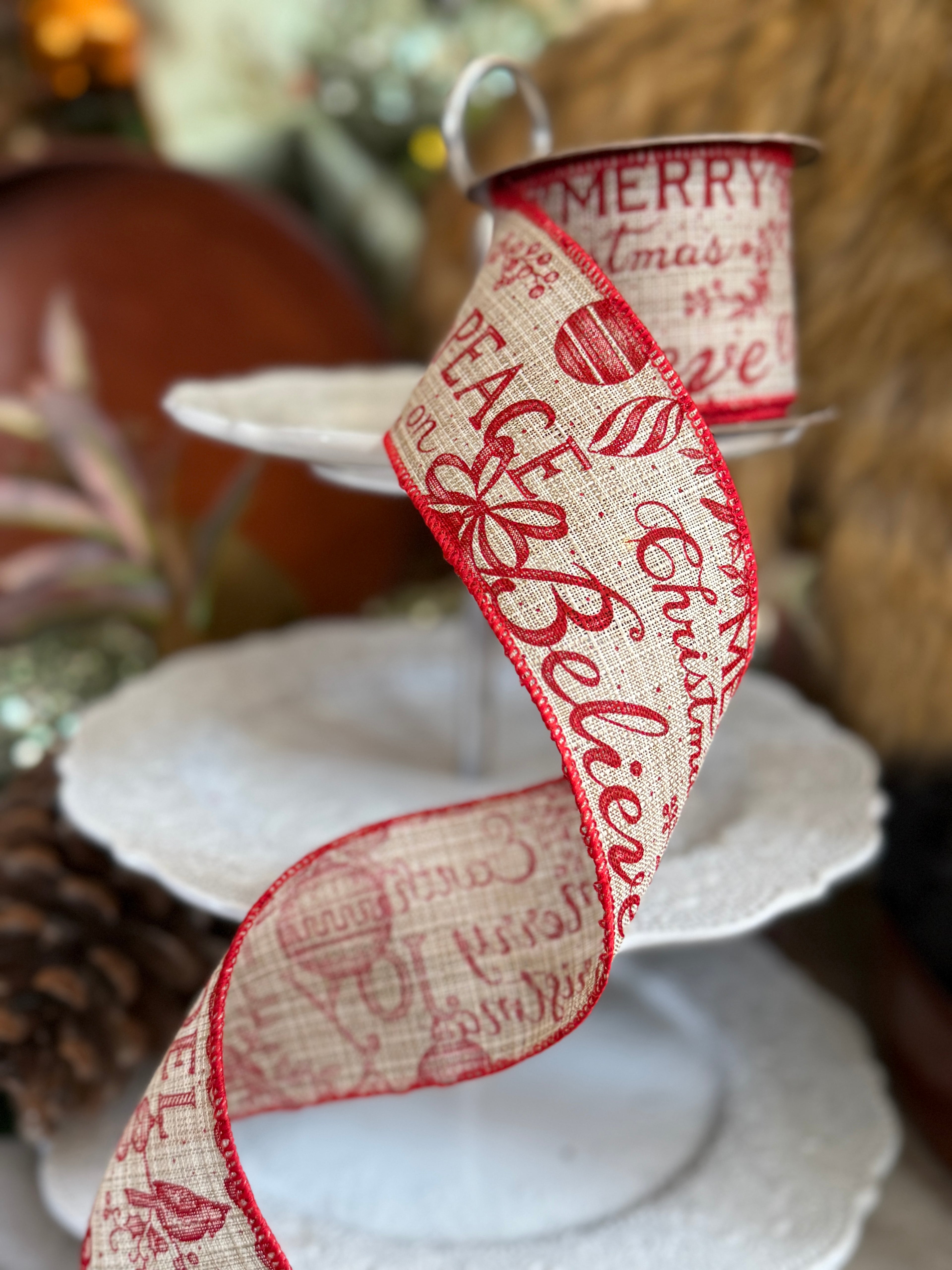 2.5" Linen Red Christmas Expressions, Natural