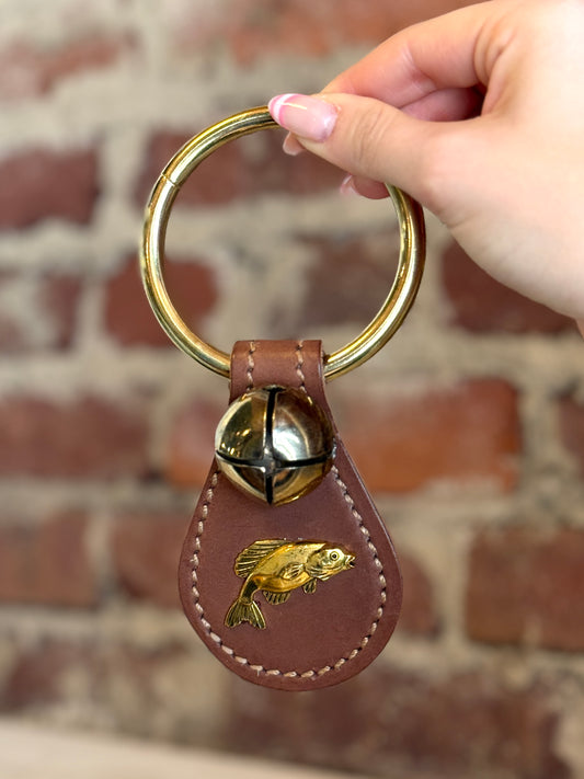 Bass Fish with Single Brass Bell on Ring- Brown Leather