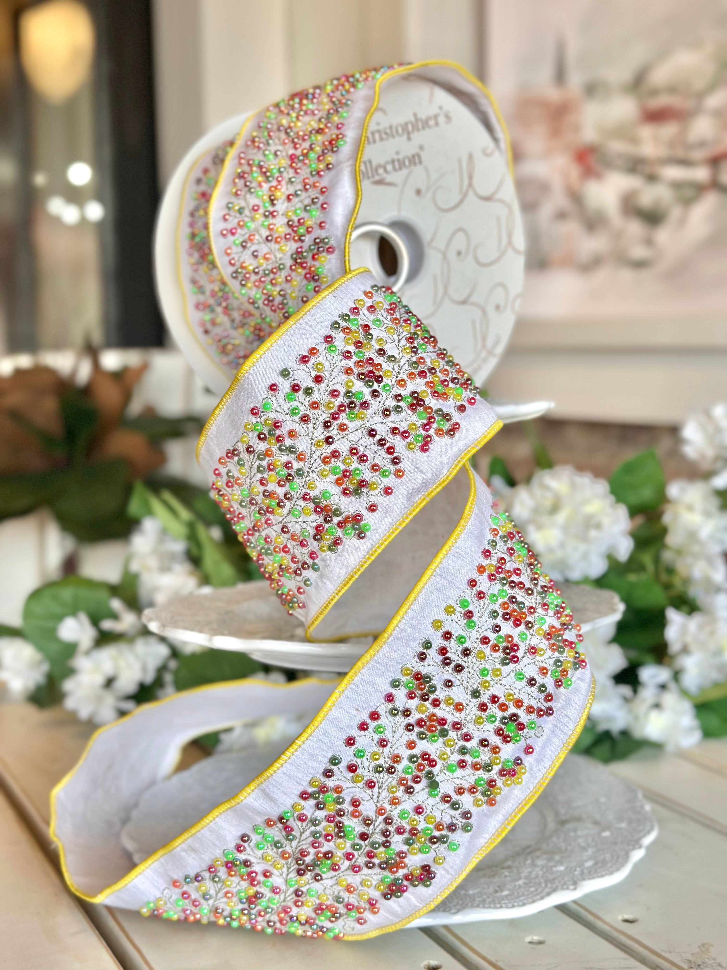 4" Wide, Multicolor Beads On Ivory Ribbon Yellow Edge