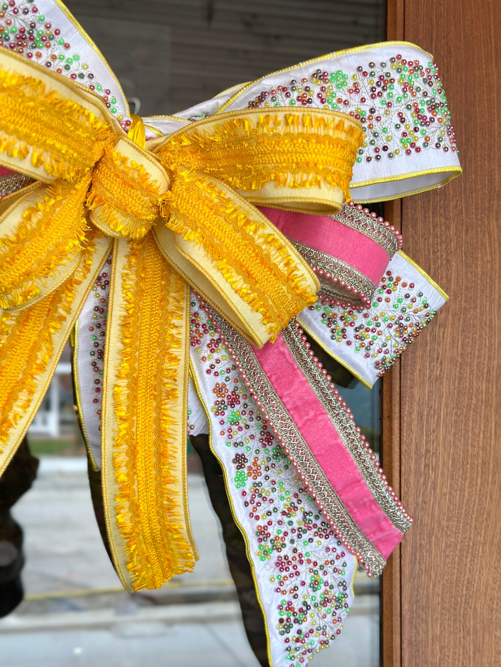 Yellow & Pink Beaded Oversized Bow