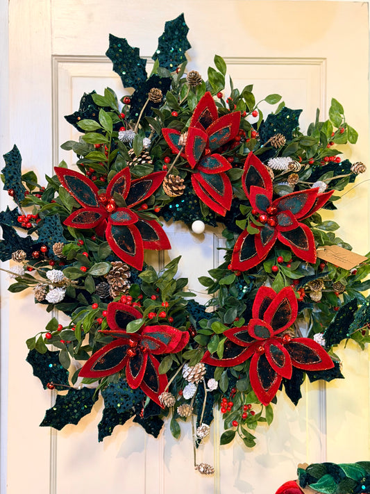 Glitter Poinsettia & Sequined Holly Wreath