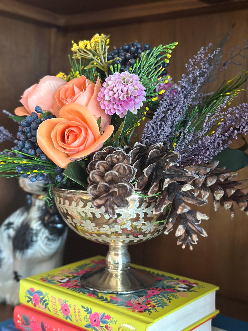 Orange Rose and Pinecone Arrangement