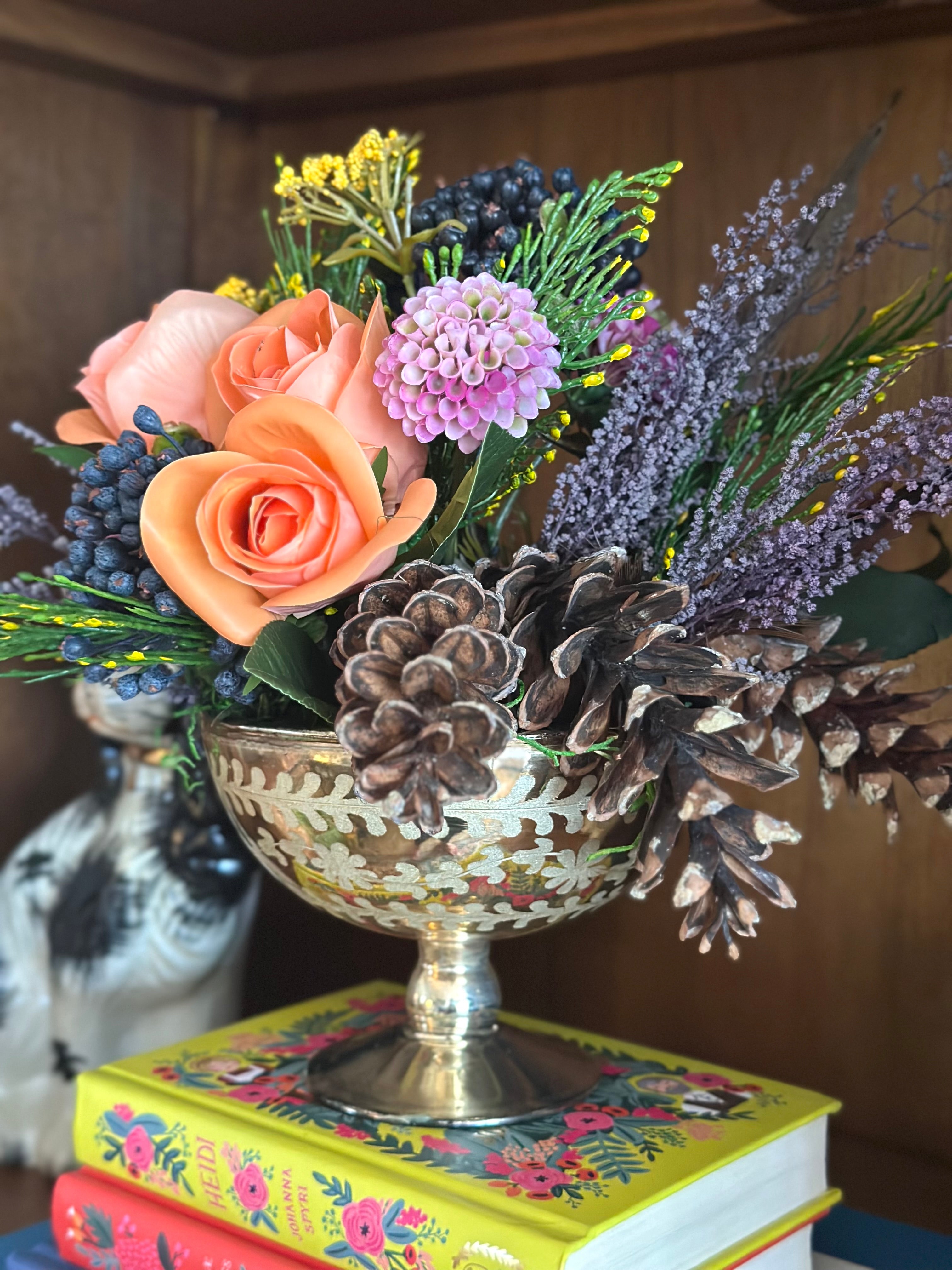 Orange Rose and Pinecone Arrangement